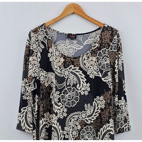 JM Studio Sheath Dress 2X Black Cream Floral Neutral Fall Lightweight Stretch - Picture 8 of 9